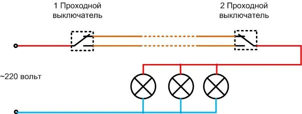 Как подключить проходной выключатель одноклавишный схема подключения на один светильник светодиодный