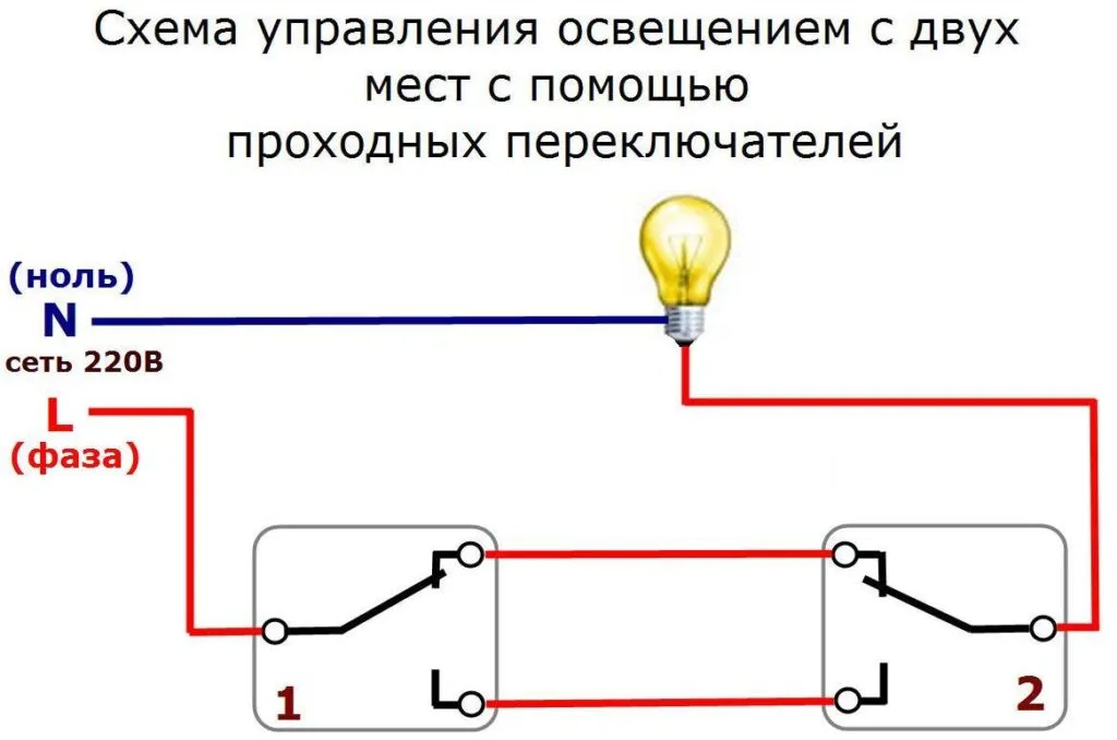 Проходной выключатель двухклавишный на две лампочки схема