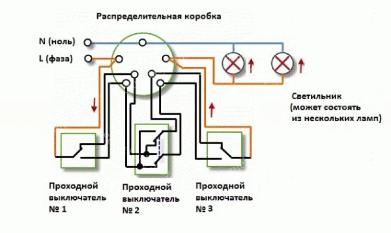 Схема переключателя с трех мест