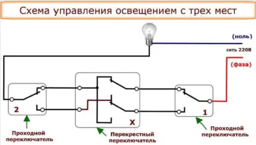 Схема управления освещения с трех мест